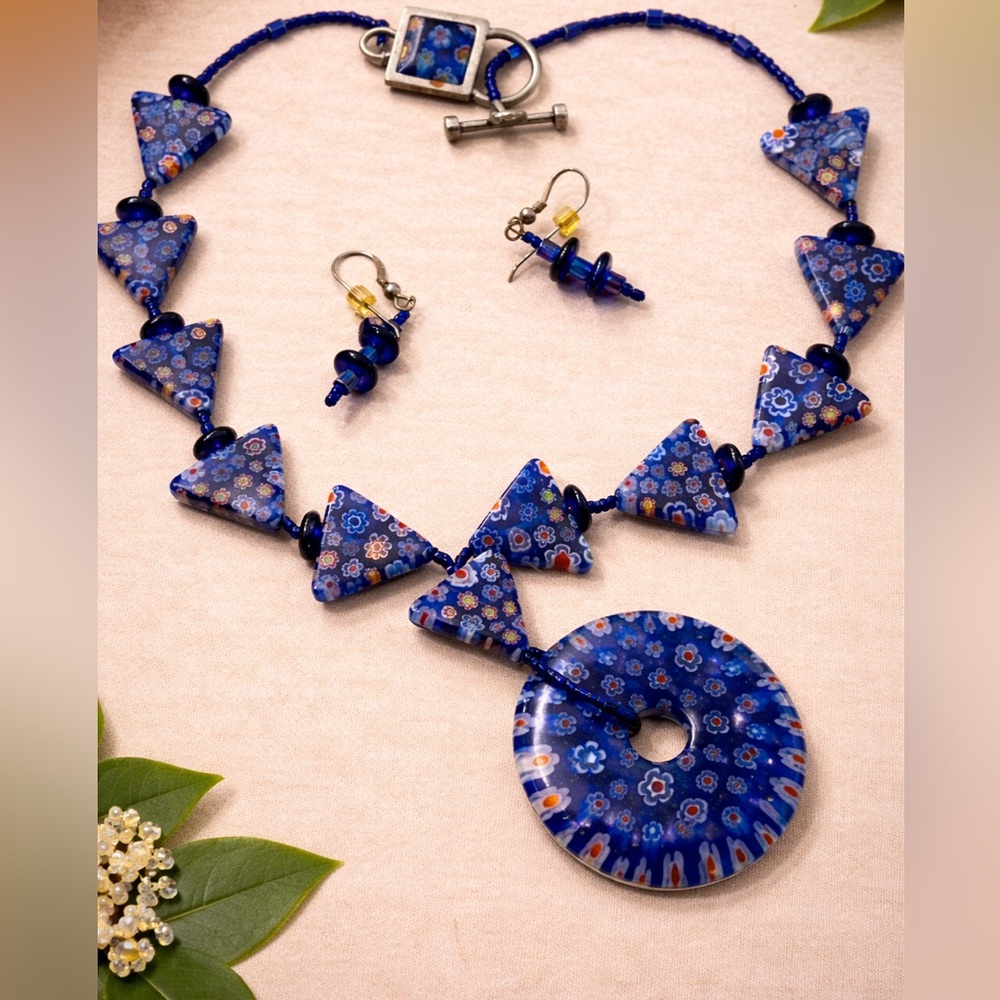 Blue Millefori Glass Necklace Earrings Set Donut Pendant Triangle Beads